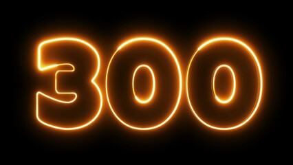 300 number text font with neon light. Luminous and shimmering haze inside the letters of the text 
three hundred. 300 number neon sign.