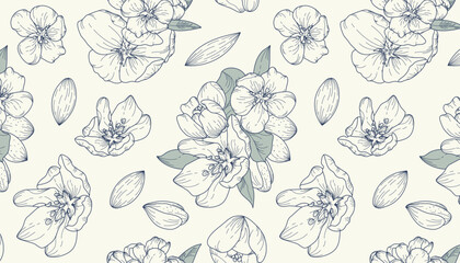 Seamless vintage-style pattern with blooming almond. Vector illustration featuring beautiful flowers in a botanical style. Suitable for textiles, backgrounds, prints, wrapping paper, covers.