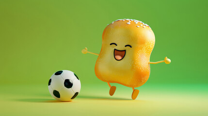 Happy cartoon bread character playing soccer on a vibrant green background, related to sports events, children's entertainment, and World Bread Day