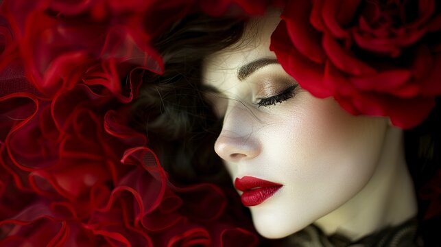 Close-up of a woman in red captured by the freelensing effect with a touch of mystery and glamour. Woman wearing red robes in noir photography style.