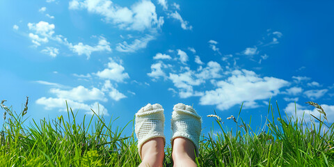  Spring vibes Feet in white socks on fresh green grass.