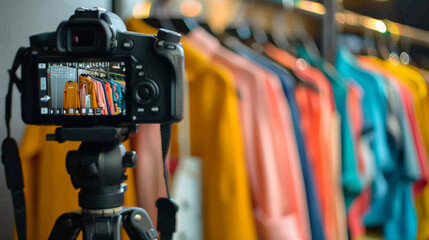 Digital camera on tripod capturing vibrant clothing on hangers, ideal for fashion blogging and retail marketing during Black Friday sales