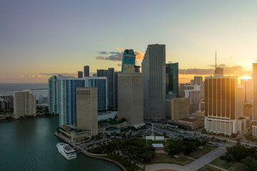 Evening urban landscape of downtown district of Miami Brickell in Florida, USA. Skyline with dark...