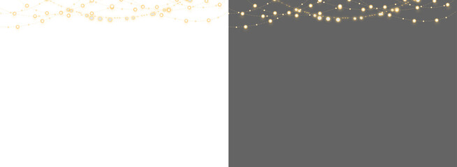 Christmas lights isolated realistic.  Glowing garlands on transparent background. Realistic luminous elements. Garland string. Bright light bulbs for poster, card, brochure. 