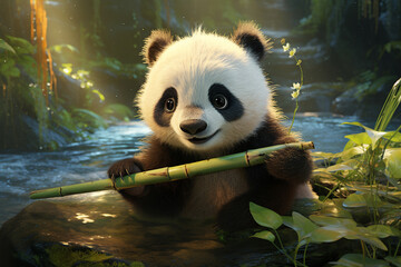 A cute baby panda playing in a bamboo forest