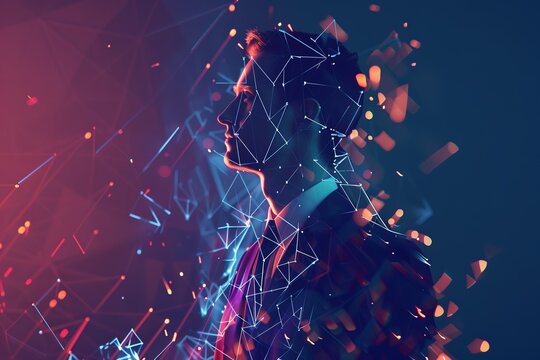 digital ai businessman made of glowing 3d triangular polygons