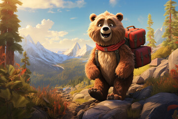 A cartoon bear wearing a backpack is hiking in the mountains.