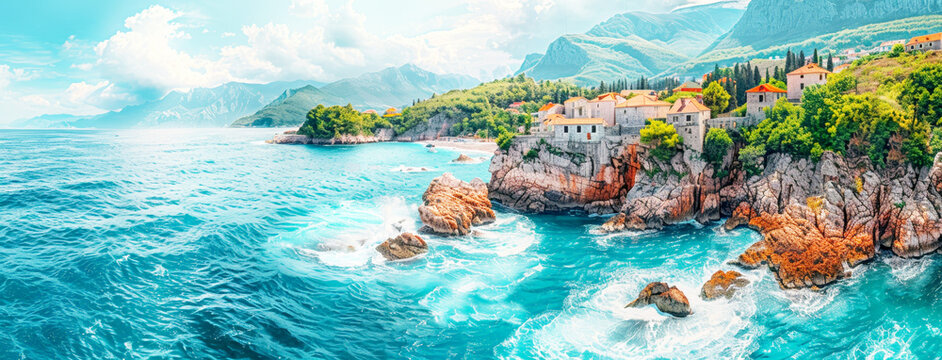 Majestic Seaside Oasis: Aerial View of Rocky Coastline With Coastal Homes, World Oceans Day