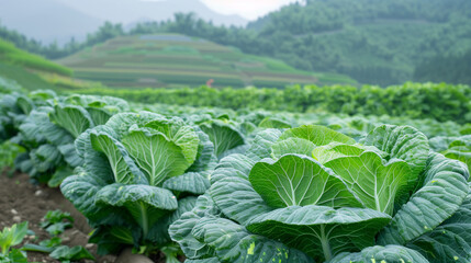 Lush green cabbage field with a misty mountain backdrop, ideal for content related to sustainable farming, organic produce, and Earth Day themes