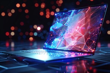 digital laptop of glowing 3d triangular polygons
