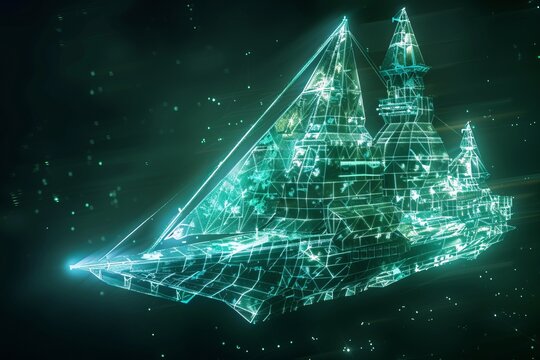 digital ship made of glowing 3d triangular polygons