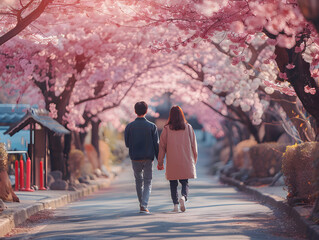 A couple is walking down a street between buildings. They are holding hands and wearing backpacks. The street is covered in a layer of white blossoms from cherry trees. The sun is shining 