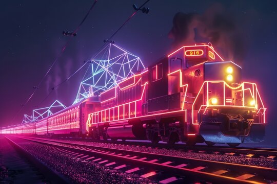 digital train of glowing 3d triangular polygons