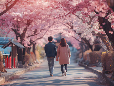 A couple is walking down a street between buildings. They are holding hands and wearing backpacks. The street is covered in a layer of white blossoms from cherry trees. The sun is shining 