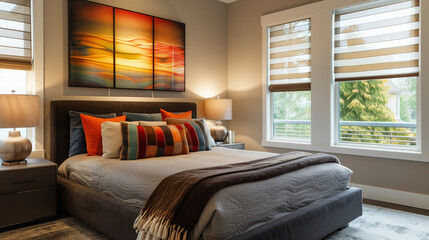 Modern bedroom interior with an abstract wall art, earth tone bedding, and open blinds, ideal for real estate listings and home decor ideas