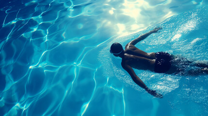 Athletic swimmer in goggles and cap practicing freestyle stroke in a sunlit pool, suitable for fitness and summer activities concepts