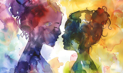 girls of Love series. Canvas of colorful swirls and negative space forming male, female profiles and bird profiles on the subject of relationship, art and love.