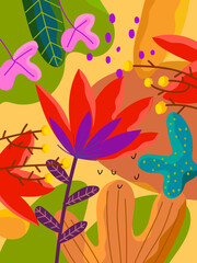 Aesthetic abstract plants and flowers, floral, hand drawn vector illustration background. Design for wall art, decoration, print, poster, cover and wallpaper.