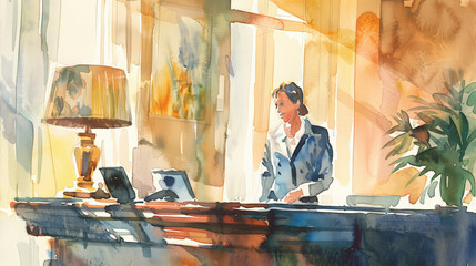 Elegant businesswoman working in a sunlit office, watercolor illustration, perfect for professional, corporate themes and International Women's Day