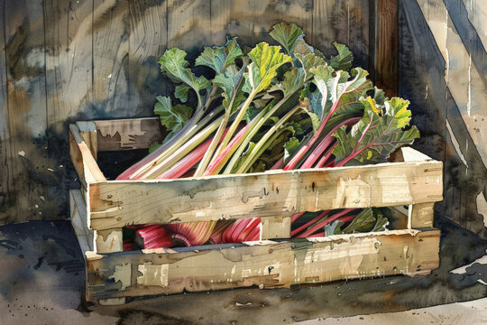 Freshly harvested rhubarb stalks in a wooden crate against a rustic background, ideal for food and farming themes, and springtime imagery