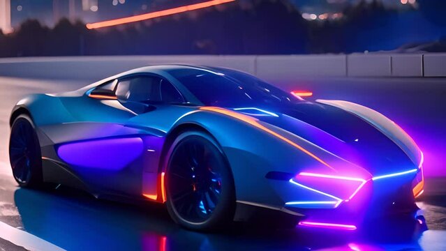 Blue and Orange Sports Car Speeding Down Street Generative AI