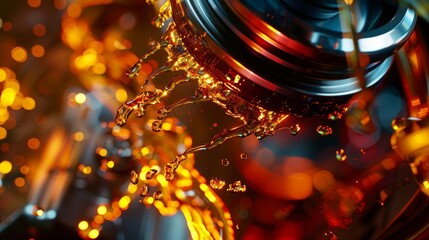 Lubricant Dance, A close-up view of an oil filter with vibrant oil splashes, capturing the interplay between engine components and essential lubricants - obrazy, fototapety, plakaty
