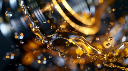 Lubricated Precision, A close-up view of a metal bearing, with oil splashing dynamically around it, highlighting the essential role of lubrication in machinery maintenance