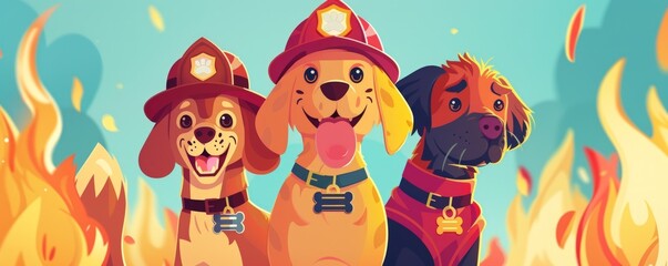 Fototapeta premium Three dogs wearing fireman hats stand in front of a fire