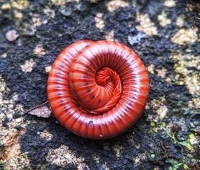 The red millipede curls up when it encounters an enemy