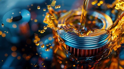 Mechanical Purity, A vivid portrait of an automotive oil filter with oil splashes illustrating the process of purification essential for maintaining engine performance