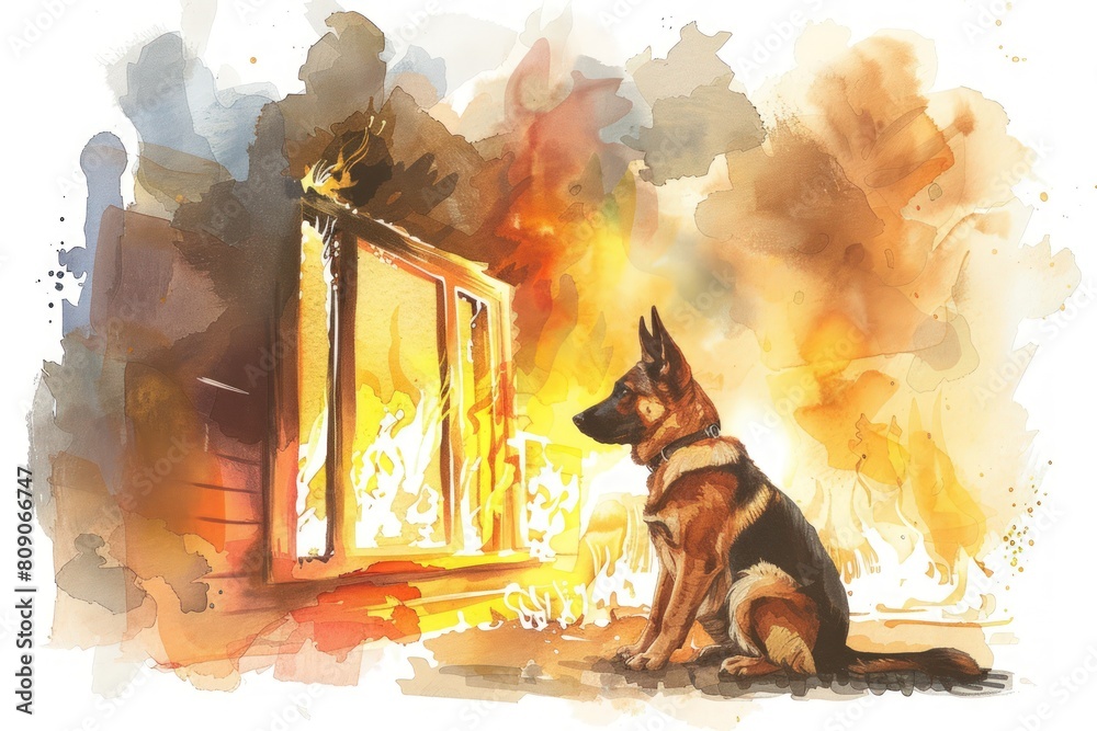 Poster A dog sits in front of a window with flames coming out of it