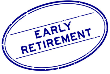 Grunge blue early retirement word oval rubber stamp in white background