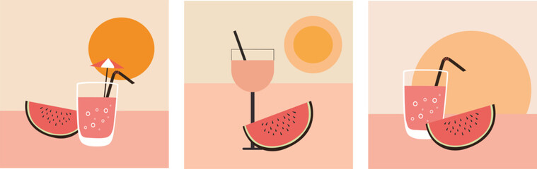  Abstract cocktail glasses with watermelon. Set of summer boho template