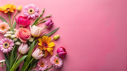Several beautiful flowers arranged neatly on a pink background, perfect for Mother's Day, Valentine's Day cards, or banners.