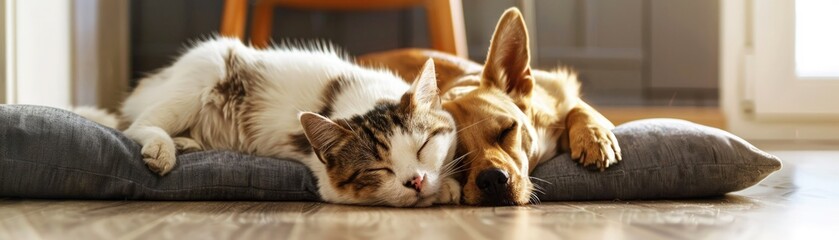 Naklejka na ściany i meble A cat and a dog are sleeping on a bed