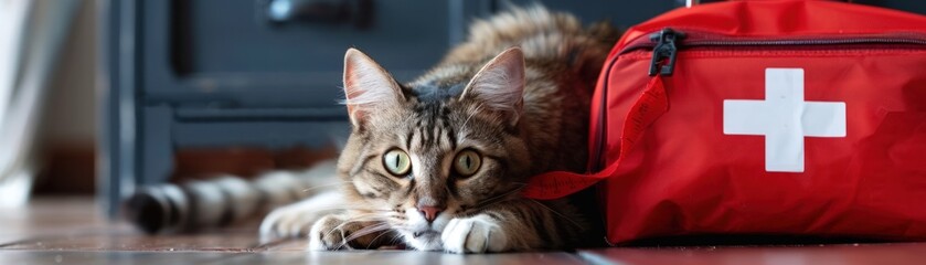 Naklejka premium A cat is laying on the floor next to a red bag that says 