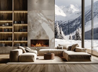 Modern living room with marble fireplace and built-in shelves