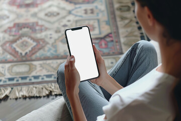 Woman using a Smart Phone with White Screen. Back view of Girl wear Jeans sitting in Living room using Mobile Phone Chroma Key Screen. Caucasian Young Female is watching, looking at WhiteScreen Phone