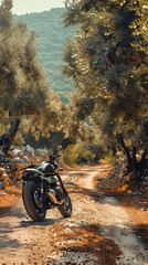 Scenic Motorbike Resting in Greek Olive Groves Representing Traditional Villages and Ancient Ruins - Photo Realistic Concept