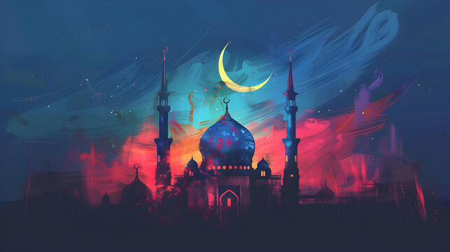 watercolor painting Eid al adha islamic Background.Eid al adha, eid al fitr concept illustration background,Generative Ai