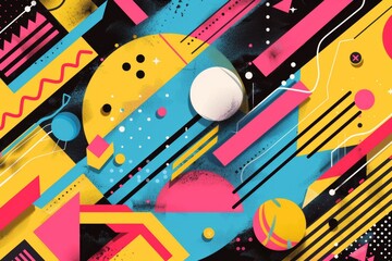 abstract 80s style colorful graphic illustration with blue, yellow and pink shapes