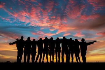 A group of friends standing in front, arms around each other's backs at sunset The silhouette against the sky shows their unity and support for one another Generative AI - Powered by Adobe