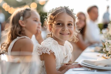 Naklejka premium beautiful kids dressed in white at boho elegant wedding or communion party