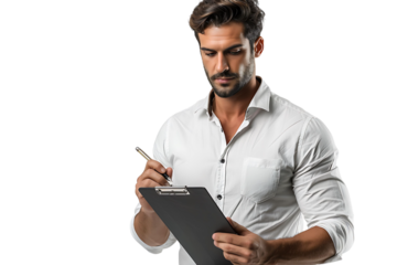 Handsome supervisor writing notes on clip board on isolated transparent background