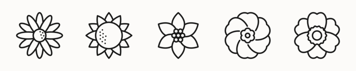 Flower line icons set. Plant sign, symbol. Isolated on a white background. Pixel perfect. Editable stroke. 64x64.