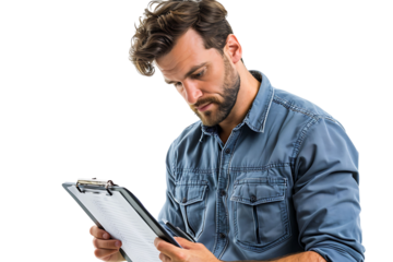 Handsome supervisor writing notes on clip board on isolated transparent background