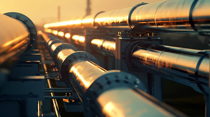 Metallic pipeline in the gas plant factory. Oil refinery, petroleum industry concept.