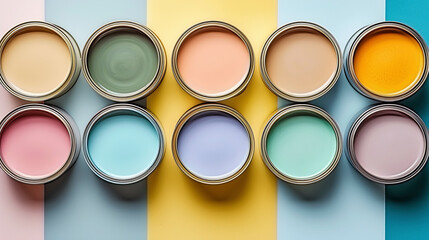 Paint cans in pastel colors stacked on top of each other.