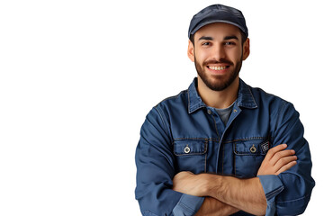 Portrait of a young mechanic holding a wrench on isolated transparent background
