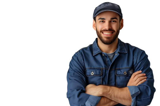 Portrait of a young mechanic holding a wrench on isolated transparent background